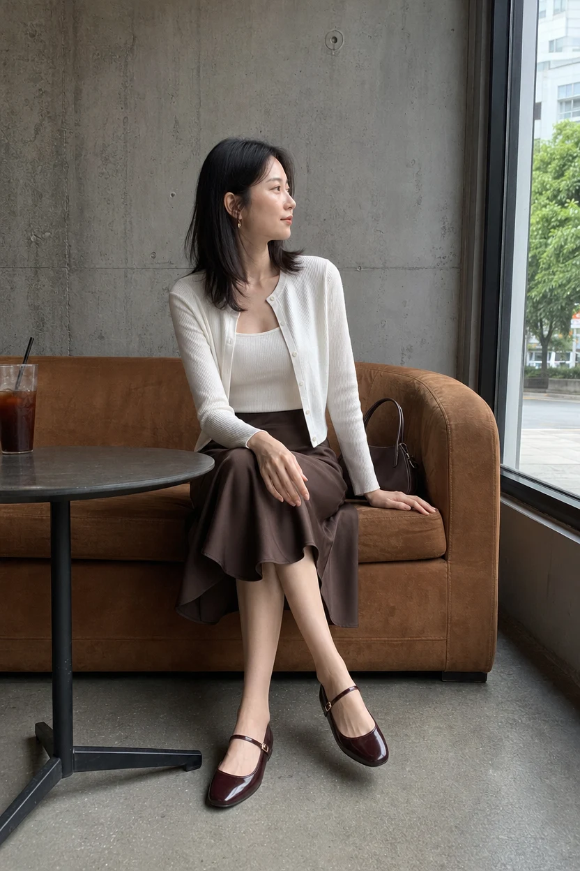 中国成年女性 AI 模特，短开衫与缎面长裙的完整沙发坐姿